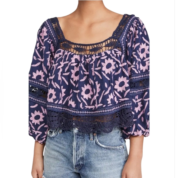 Free People Tops - Free People Soleil Embroidered Crop Top Navy/Pink Bohemian Sz XS (oversized)